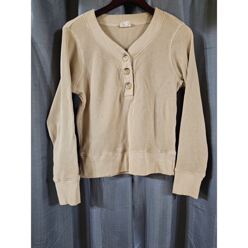 Pact Organic Cotton waffle knit Henley long sleeve sweater womens‎ small Tan
